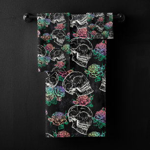Skulls and Ombre Roses Gothic Glam Pastel Grunge Bath Towel Set