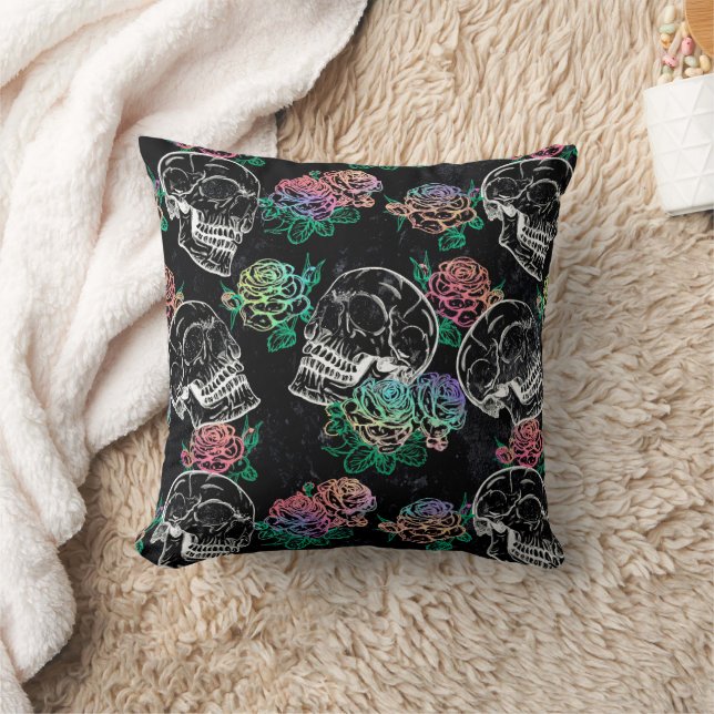 Skulls and Ombre Roses | Gothic Glam Pastel Grunge Throw Pillow (Blanket)