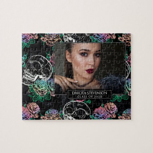 Skulls and Ombre Roses  Gothic Graduation Photo Jigsaw Puzzle