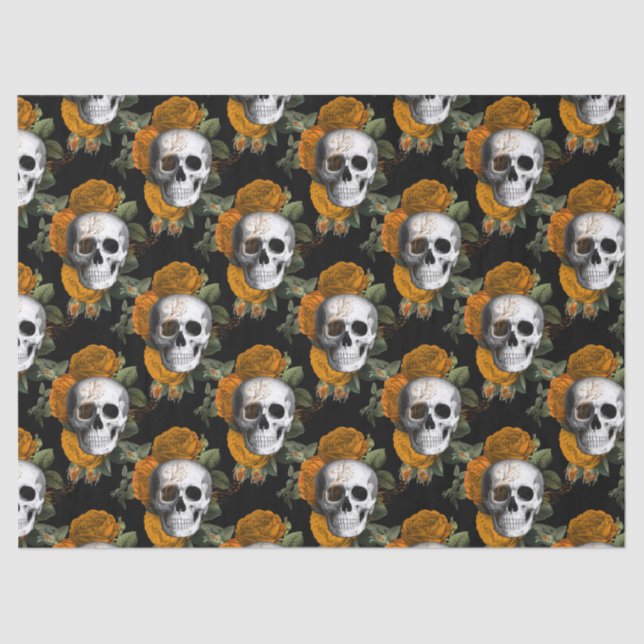 Skulls and Orange Flowers on Black Decoupage Tissue Paper (Front)