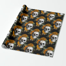 Skulls and Orange Flowers on Black Wrapping Paper