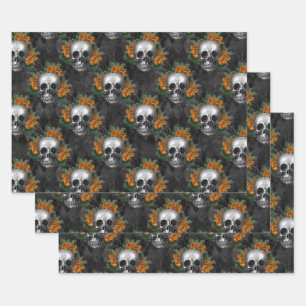 Skulls and Orange Flowers on Charcol Wrapping Paper Sheets