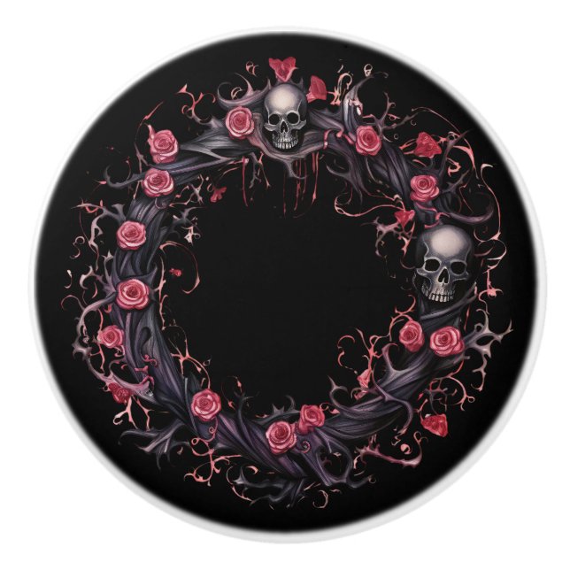 Skulls And Pink Roses Ceramic Knob (Front)