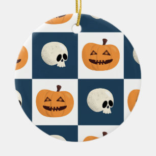 Skulls and Pumpkins Checks Ceramic Ornament