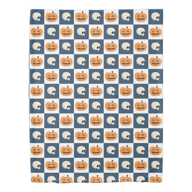 Skulls and Pumpkins Checks Duvet Cover (Front)