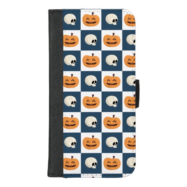 Skulls and Pumpkins Checks iPhone Wallet Case (Front)