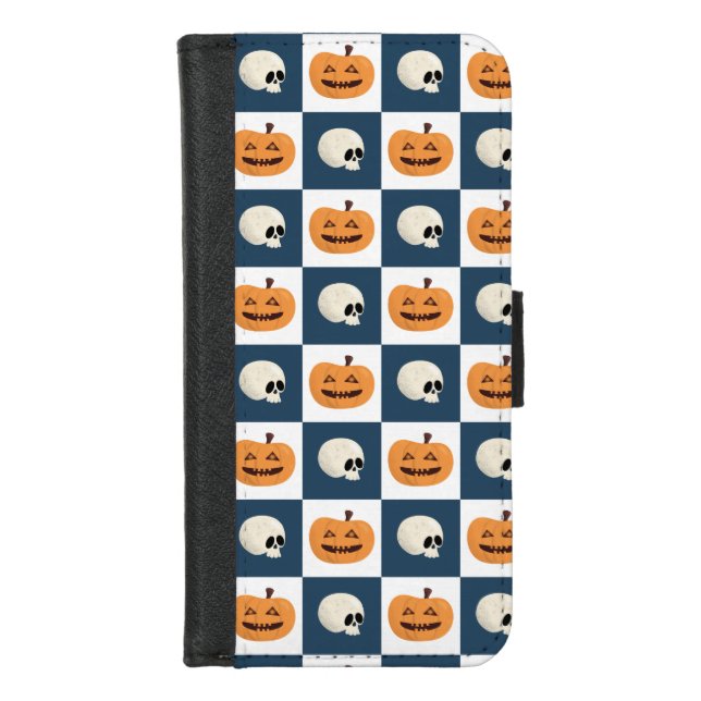 Skulls and Pumpkins Checks iPhone Wallet Case (Front)