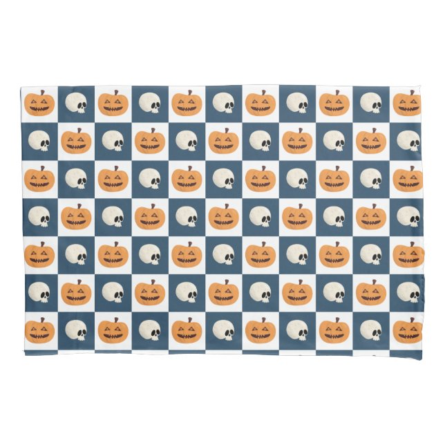 Skulls and Pumpkins Checks Pillow Case (Front-Left)