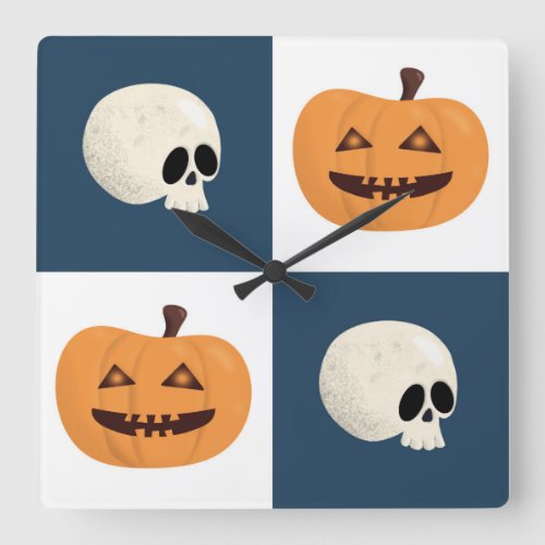 Skulls and Pumpkins Checks Square Wall Clock