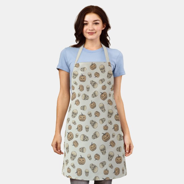 Skulls and Pumpkins Halloween Pattern Apron (Worn)