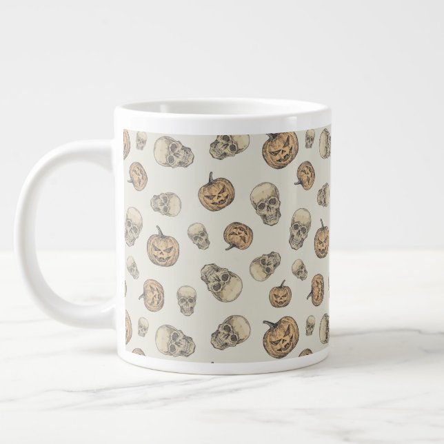Skulls and Pumpkins Halloween Pattern Giant Coffee Mug (Left)