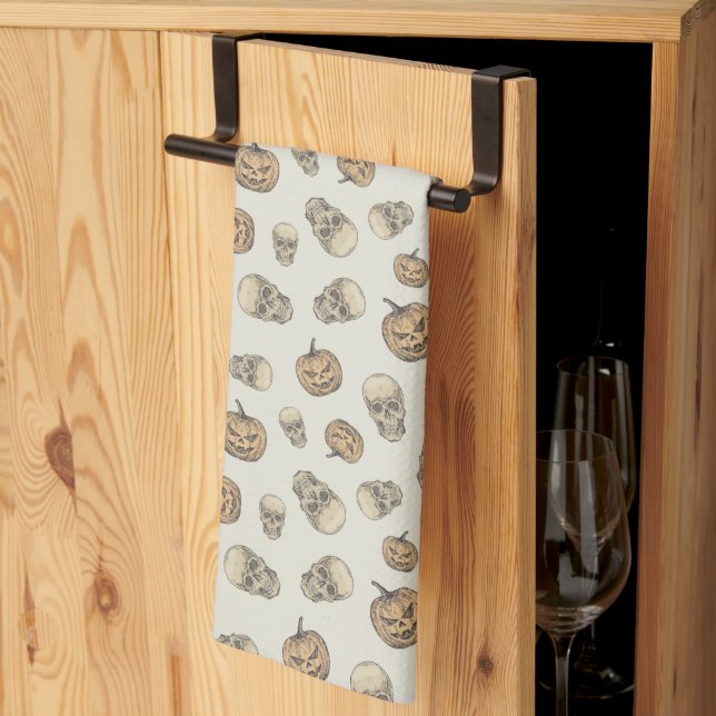 Skulls and Pumpkins Halloween Pattern Kitchen Towel (Thirds Fold)
