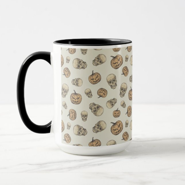 Skulls and Pumpkins Halloween Pattern Mug (Left)