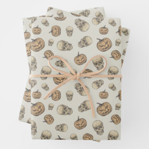 Skulls and Pumpkins Halloween Pattern Wrapping Paper Sheets