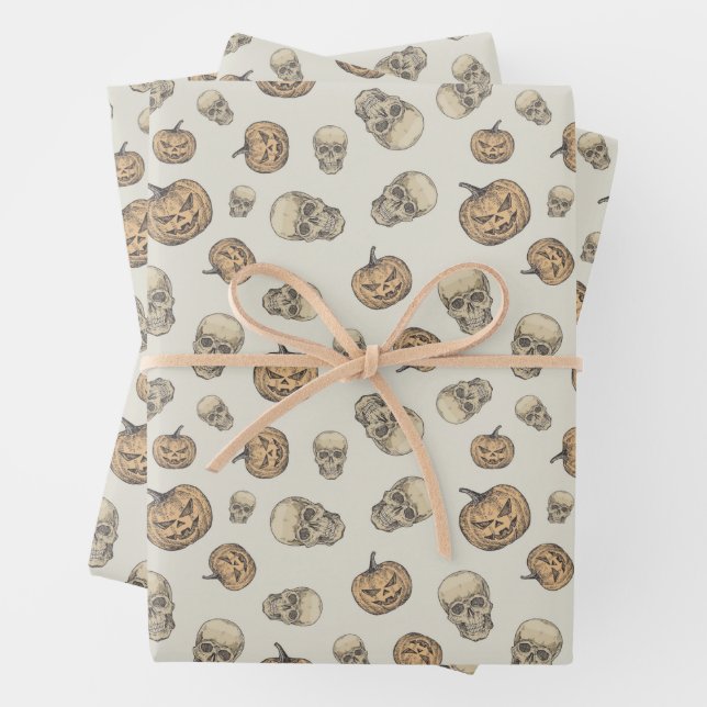 Skulls and Pumpkins Halloween Pattern Wrapping Paper Sheets (In situ)