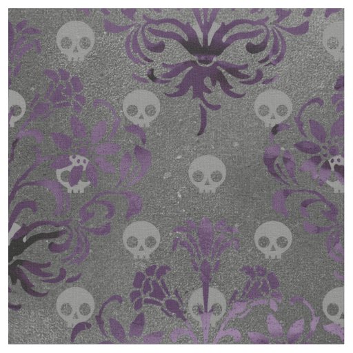Skulls and Purple Damask on Grey Fabric