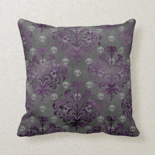 Skulls and Purple Damask on Grey Throw Pillow