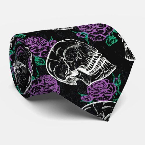 Skulls and Purple Roses  Dark Gothic Grunge Glam Neck Tie