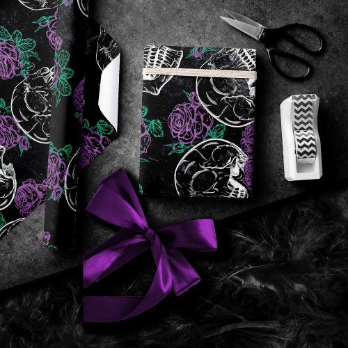Skulls and Purple Roses  Dark Gothic Grunge Glam Wrapping Paper