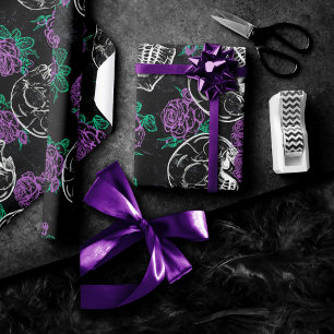 Skulls and Purple Roses Dark Gothic Grunge Glam Wrapping Paper