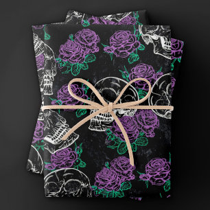 Skulls and Purple Roses Dark Gothic Grunge Glam Wrapping Paper Sheets