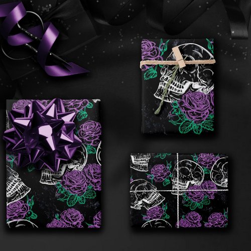 Skulls and Purple Roses  Dark Gothic Grunge Glam Wrapping Paper Sheets
