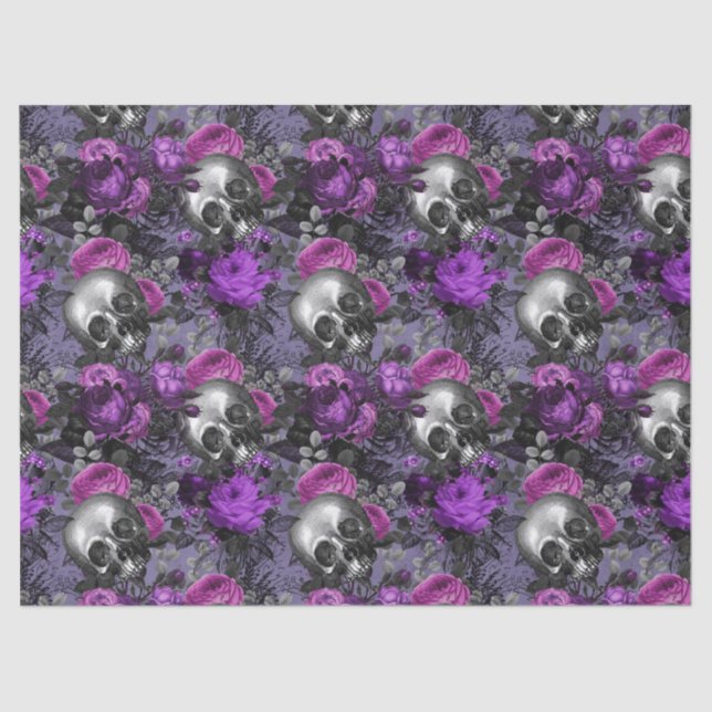 Skulls and Purple Roses on Light Purple Decoupage Tissue Paper (Front)