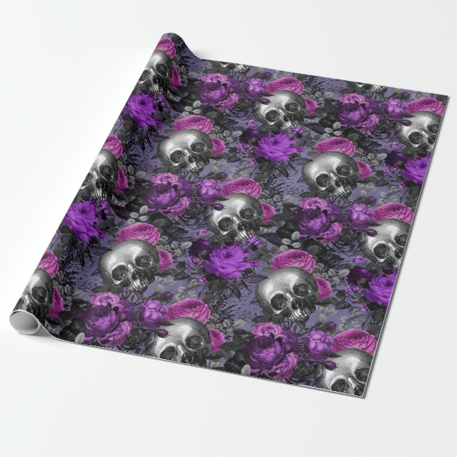 Skulls and Purple Roses on Light Purple Wrapping Paper (Unrolled)