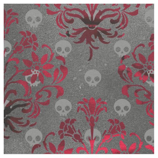 Skulls and Red Damask on Grey Fabric