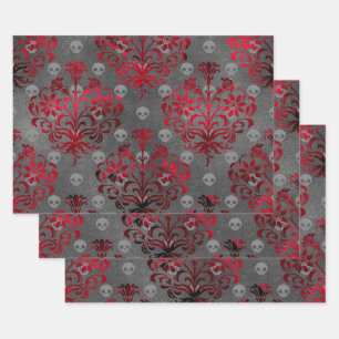 Skulls and Red Damask on Grey Wrapping Paper Sheets