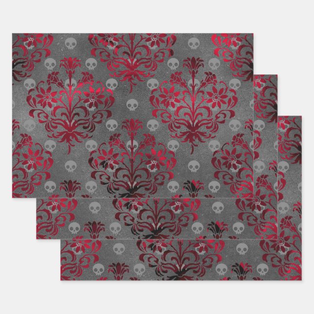 Skulls and Red Damask on Grey Wrapping Paper Sheets (Set)