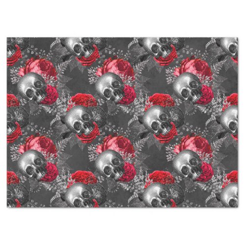 Skulls and Red Flowers on Grey Decoupage Tissue Paper