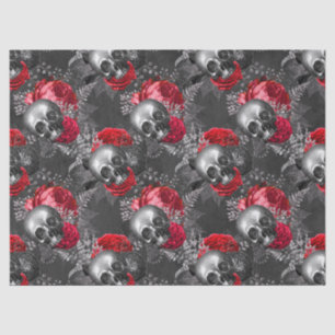 Skulls and Red Flowers on Grey Decoupage Tissue Paper