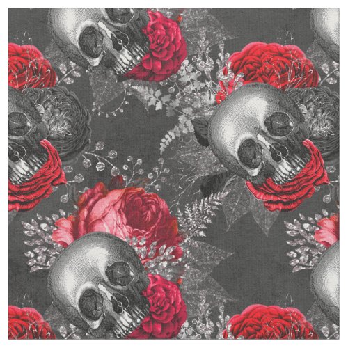 Skulls and Red Flowers on Grey Fabric