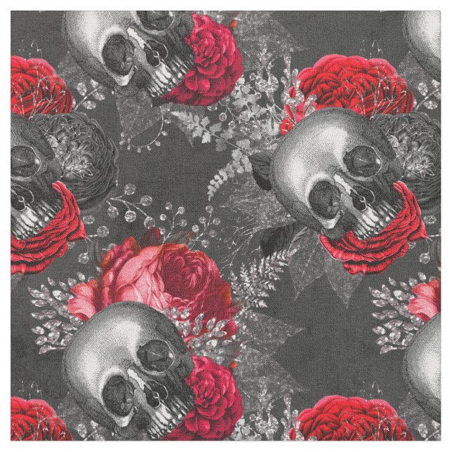 Skulls and Red Flowers on Grey Fabric (Close Up)