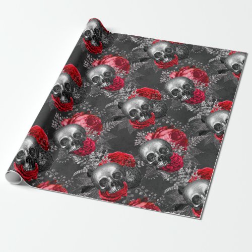 Skulls and Red Flowers on Grey Wrapping Paper