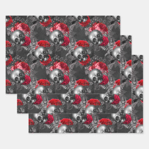 Skulls and Red Flowers on Grey Wrapping Paper Sheets