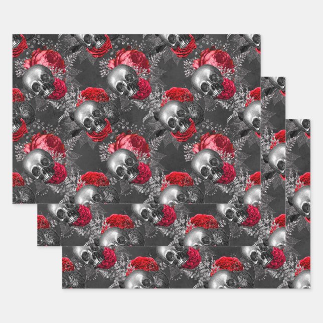 Skulls and Red Flowers on Grey Wrapping Paper Sheets (Set)