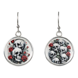Skulls and Red Roses Earrings