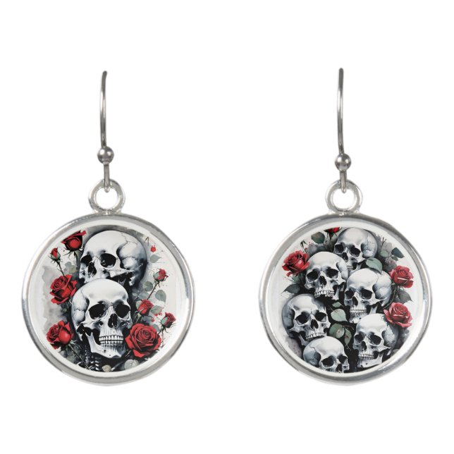 Skulls and Red Roses Earrings (Front)