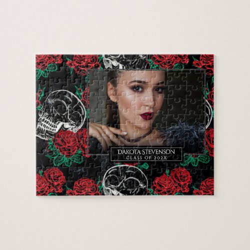 Skulls and Red Roses  Glam Goth Graduation Photo Jigsaw Puzzle