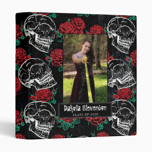 Skulls and Red Roses  Modern Goth Glam Grad Photo 3 Ring Binder