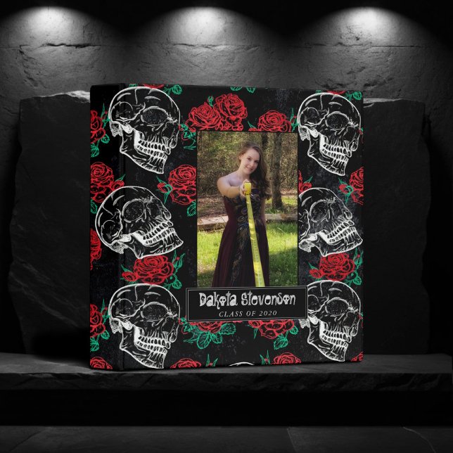 Skulls and Red Roses | Modern Goth Glam Grad Photo 3 Ring Binder (Creator Uploaded)