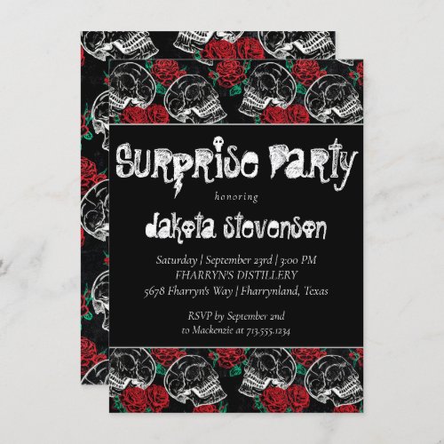 Skulls and Red Roses  Modern Goth Surprise Party Invitation