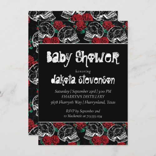 Skulls and Red Roses  Modern Gothic Baby Shower Invitation