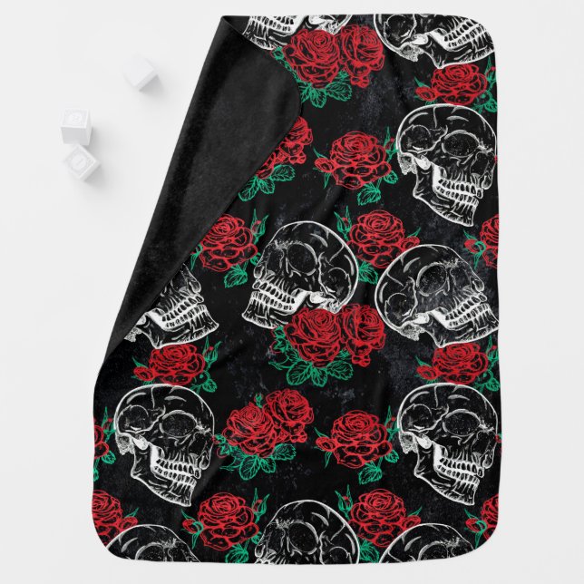 Skulls and Red Roses | Modern Gothic Glam Grunge Baby Blanket (In Situ)