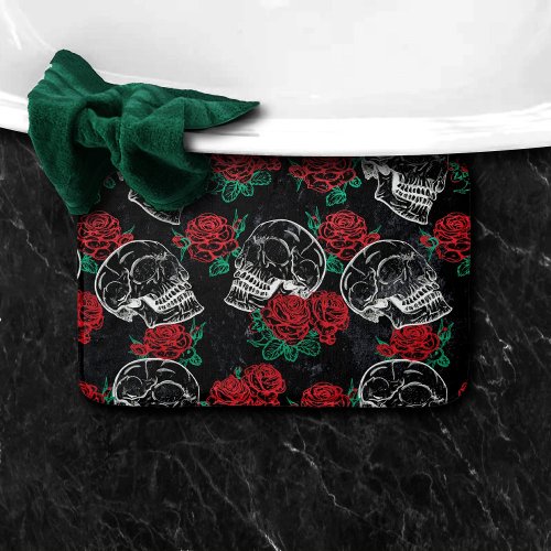 Skulls and Red Roses  Modern Gothic Glam Grunge Bath Mat