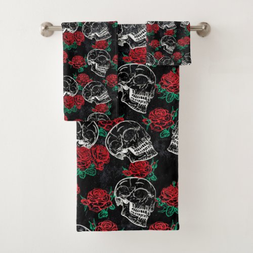 Skulls and Red Roses  Modern Gothic Glam Grunge Bath Towel Set