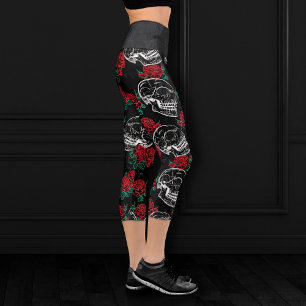 Skulls and Red Roses Modern Gothic Glam Grunge Capri Leggings