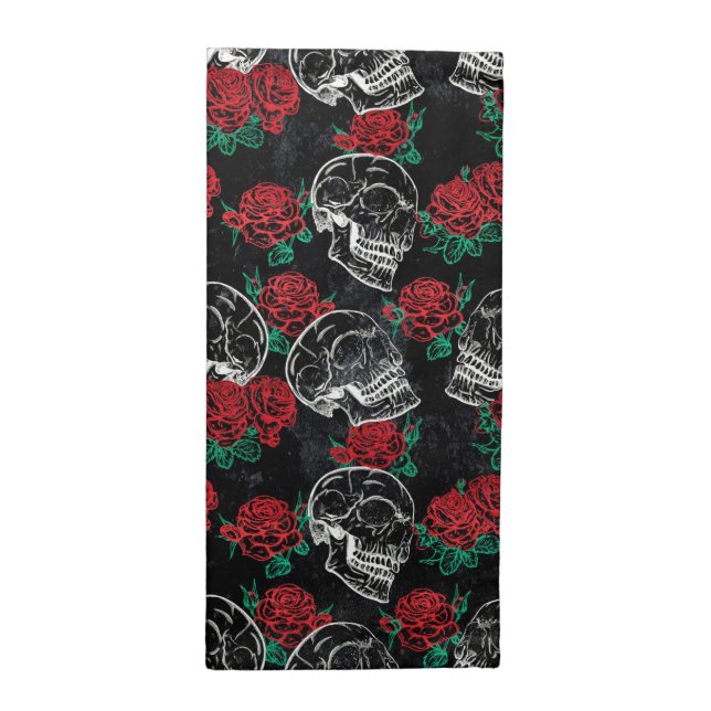 Skulls and Red Roses | Modern Gothic Glam Grunge Cloth Napkin (Half Fold)